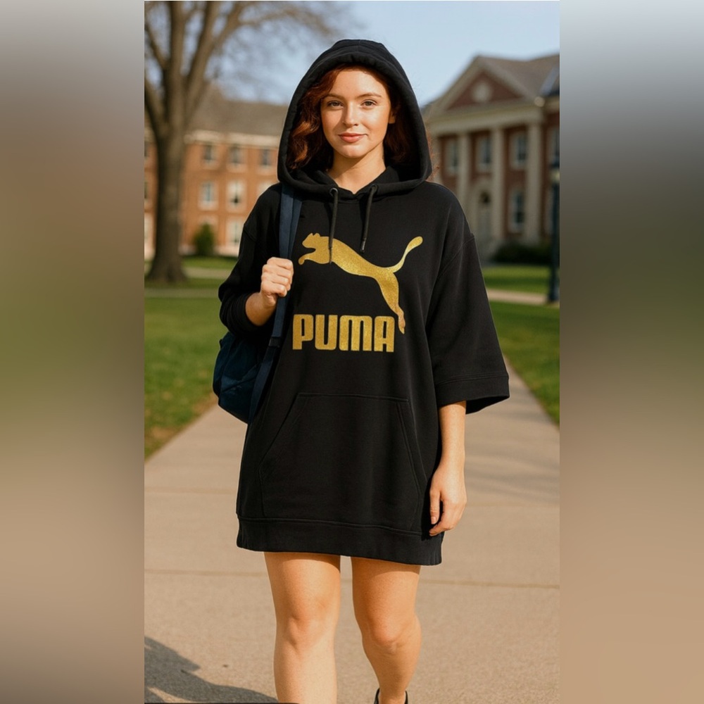 Glam oversized hooded dress puma black gold glitter size large